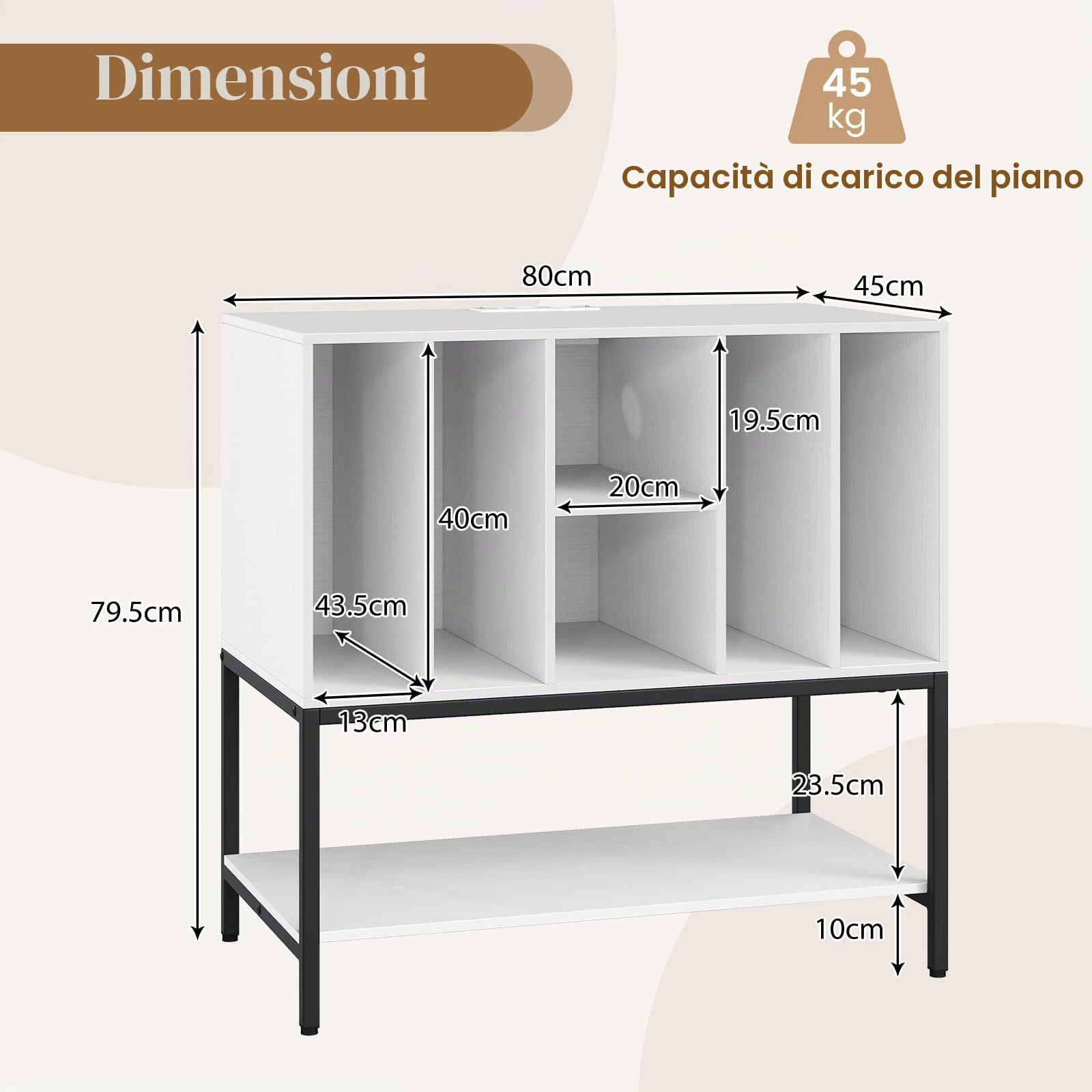 GIANTEX Supporto per giradischi con 6 scomparti e ripiano aperto, armadio per dischi in vinile con stazione di ricarica, 80 x 45 x 79,5 cm, mobile per soggiorno, camera da letto (bianco)