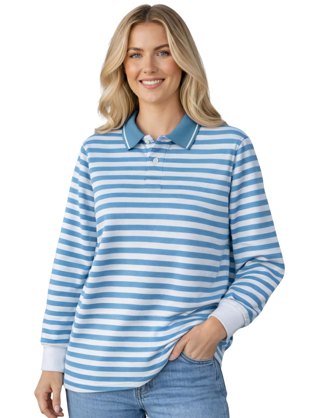 Women’s Striped Polo T-Shirt | Full Sleeves | Collared Casual Cotton Tee | Regular Fit Top-M7713-picture-10