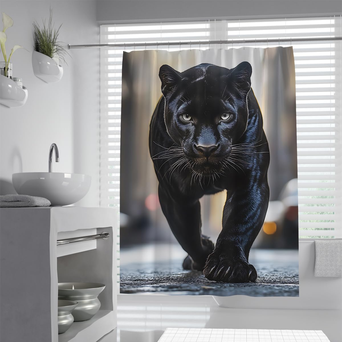 UIRINGART Animal Bathroom Curtains W150xL200cm Wild Black Leopard Walking Urban Street Scene Background Waterproof Quick Dry Easy Clean Fabric Shower Curtain Bath Decor with Hooks