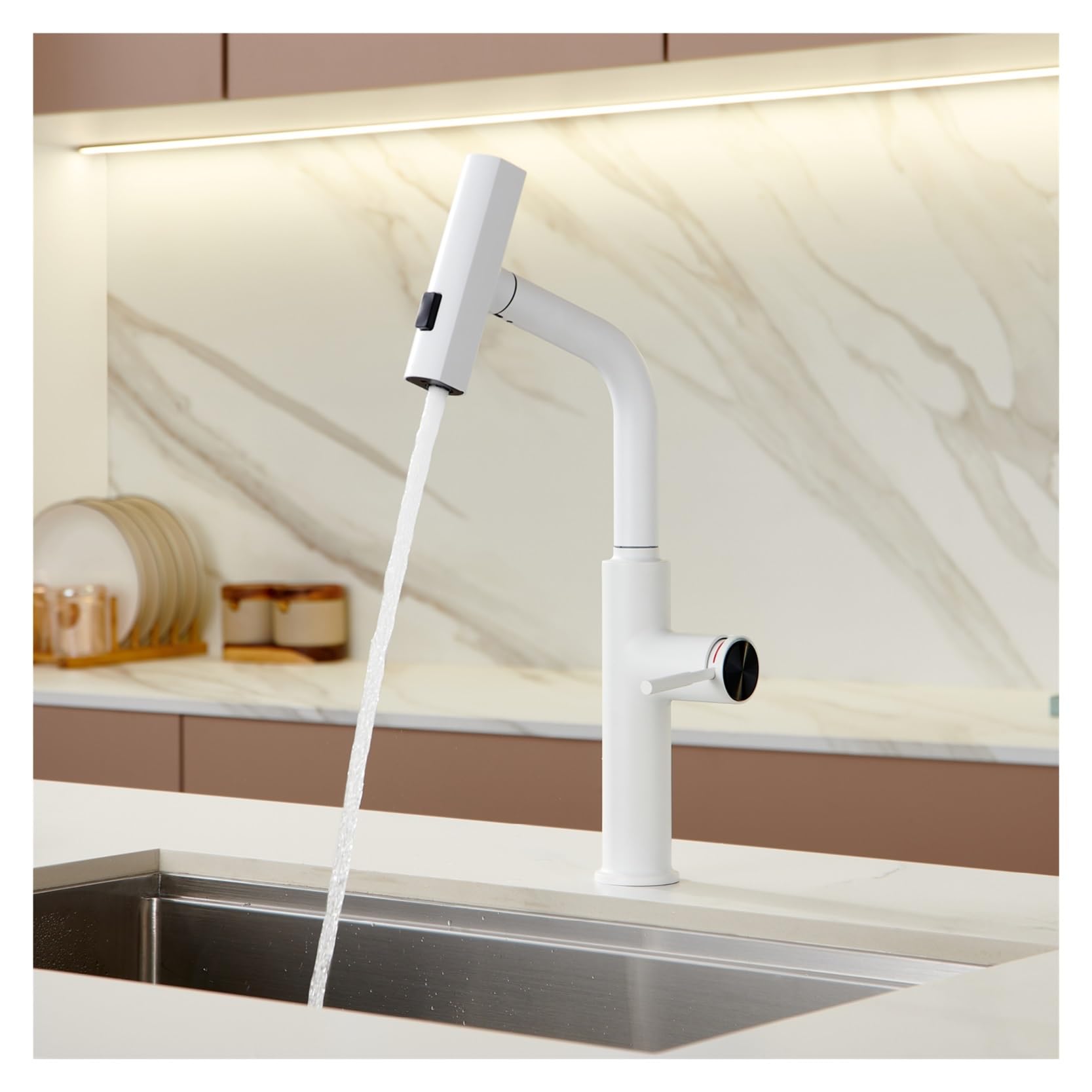 Rubinetto da cucina bianco di lusso con design estraibile Modalità di uscita dell'acqua a cascata Maniglia singola Rubinetto for lavello a doppio controllo freddo e caldo ( Color : Black-Rose Gold )
