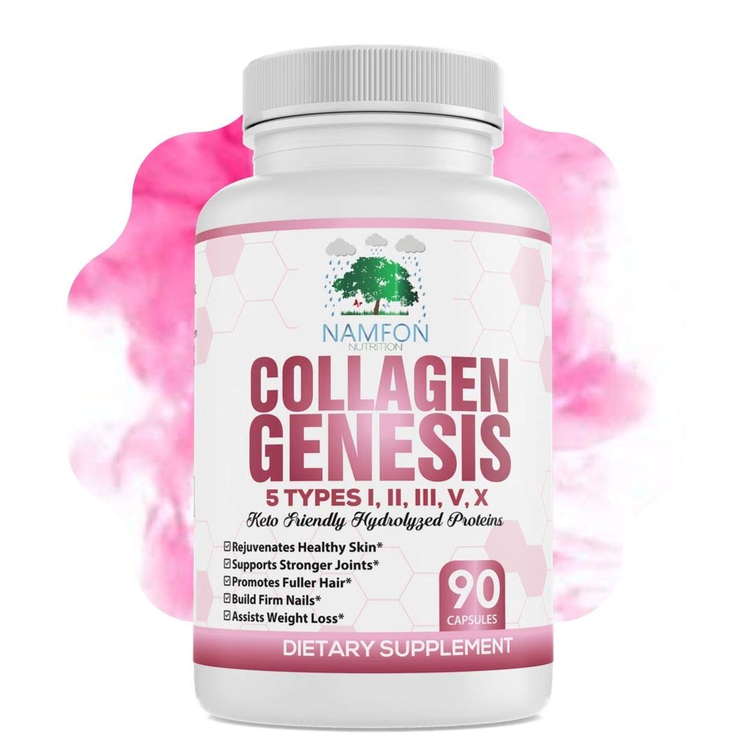 Collagen Genesis Peptides Pills 5 Types I, II, III, V, X - Anti-Aging Formula, for Healthy Skin, Hair, Nails, Bones & Strong Joints - Keto Friendly Hydrolyzed Protein Supplement for Women and Men