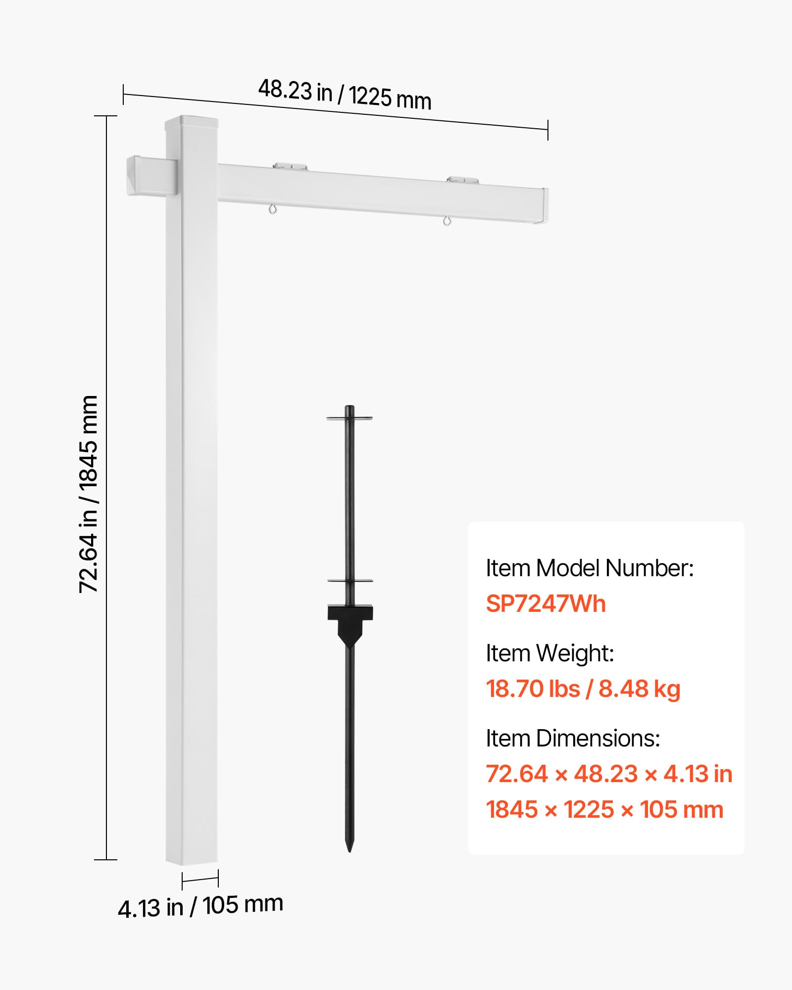 VEVOR Soporte de Carteles de Patio, Altura de 1845 mm, Poste de Letrero para Inmobiliario, Brazo de 1194 mm, con Estaca de Acero, Compatible con Carteles de hasta 915 mm, Para Venta y Alquiler, Blanco