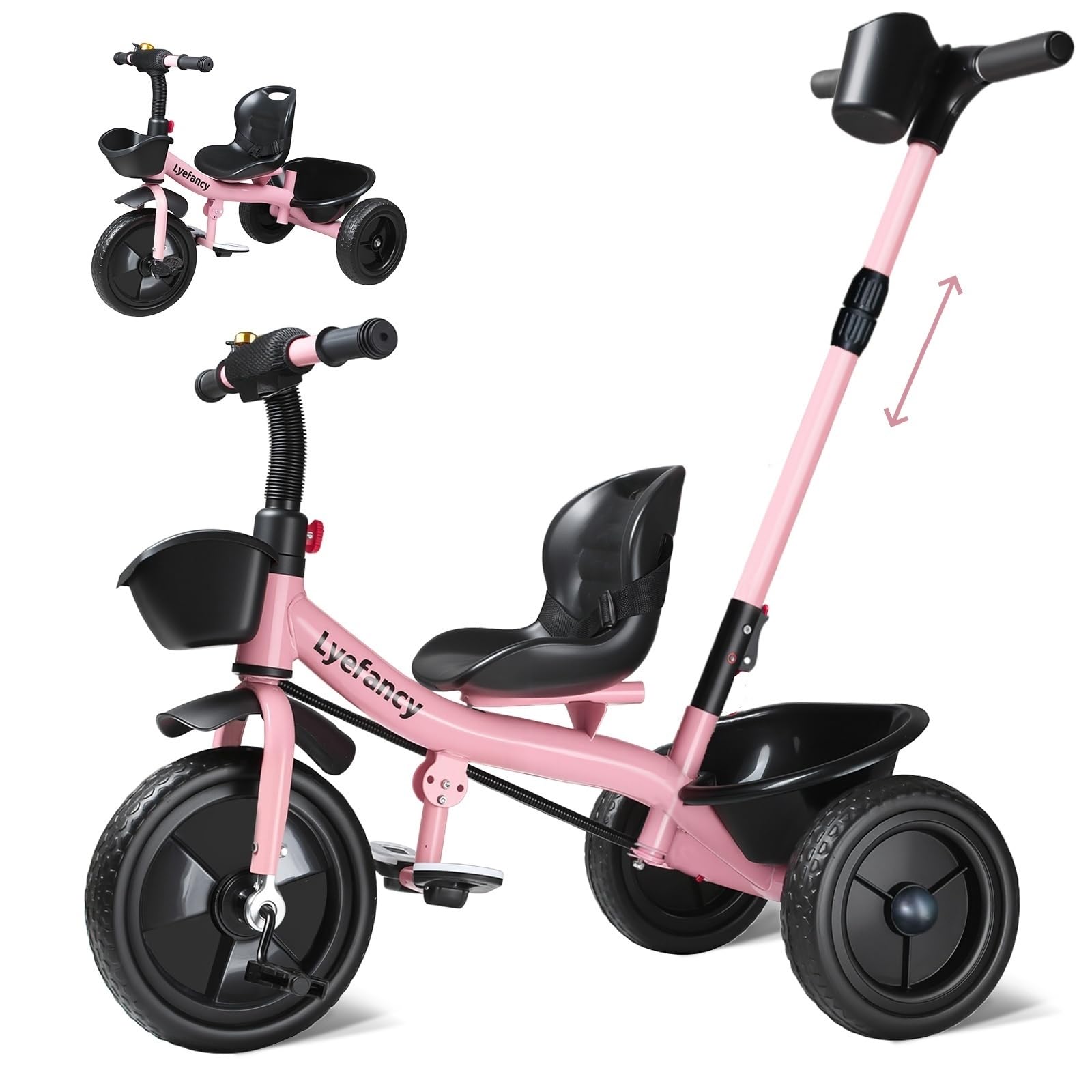 Lyefancy Kids Tricycle Age 1-4, Kids Trike with Push Handle, Toddler Tricycle with Baskets, 3 Wheel Bike Children Riding on Toys,Gifts for Boys Girls(pink)