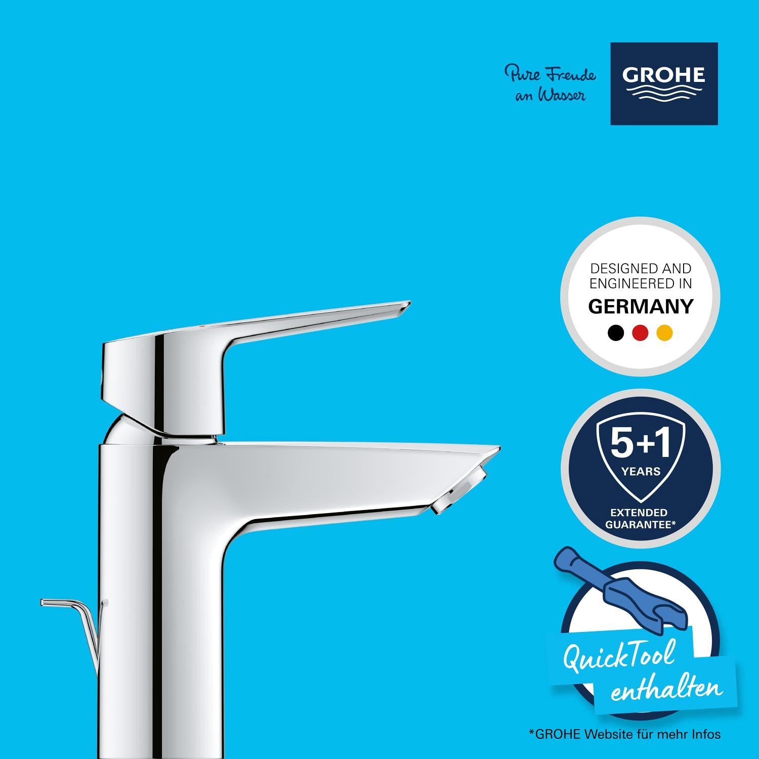 GROHE Start, Waschtischarmatur, wassersparend (Wasserhahn für das Bad, Badarmatur mit Zugstangen-Ablauf, 17cm hoch, mit 3in1 Werkzeug, einfache Installation am Waschbecken), chrom, 24209002