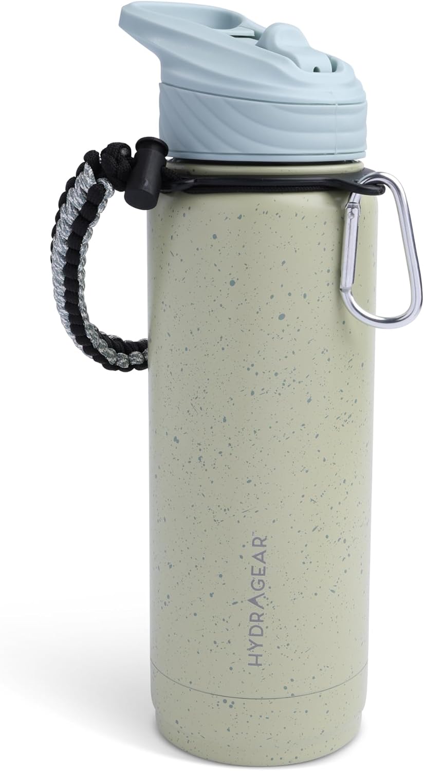 Hydragear Zenith Straw Stainless Steel Bottle with Carabiner, Compass, Signal Whistle, and Fire Starter - 32 Oz - French Linen Speckle