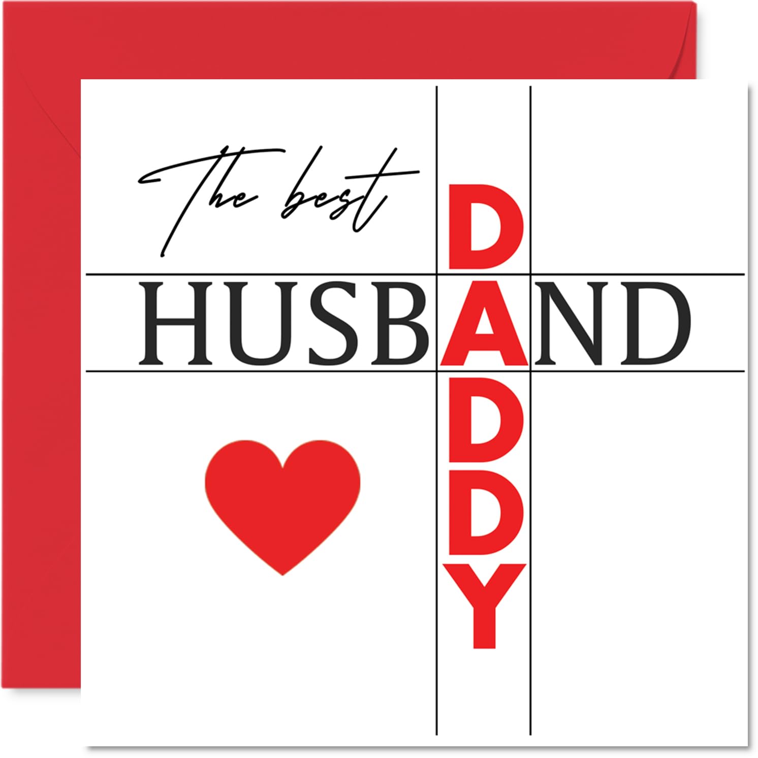 Heartfelt Anniversary Card for Husband - Warm Words for the Best Husband and Daddy - Bold Red, Black and White Family Design, Father's Day - 145mm Square, Envelope Included