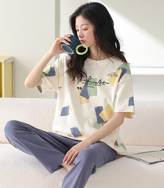 Image of GLASGO Women's Cotton Pajama Set with Top & Pants|| Korean Night Wear|| Loose Fit Home Wear || Lightweight Printed Set || Soft & Comfy Sleepwear for Girls & Women || LNS-4-$
