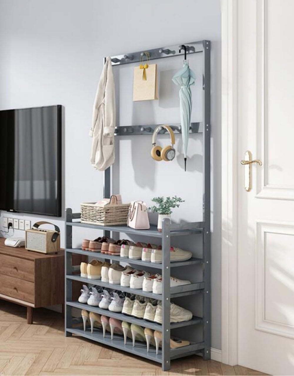 コートラックスタンド、シューズラック付き、自立式フック、ホールツリー、4/5ラック、廊下、玄関用シューズハンガー、竹製