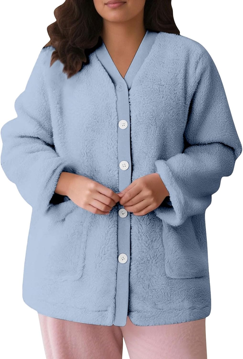 Women Fuzzy Fleece Pajama Tops V-Neck Button Down Sleepwear Long Sleeve Plush Warm Coat With Pockets