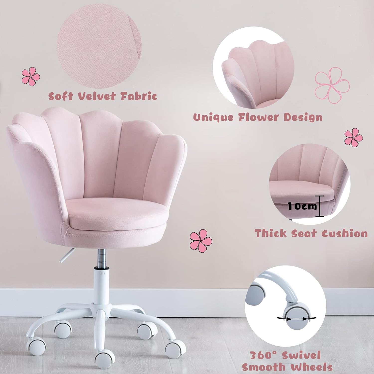 Wahson Velvet Kids Rotating Desk Swivel Chair with Armrests for Girls Children Study Office Chair Height Adjustable (Light Pink)