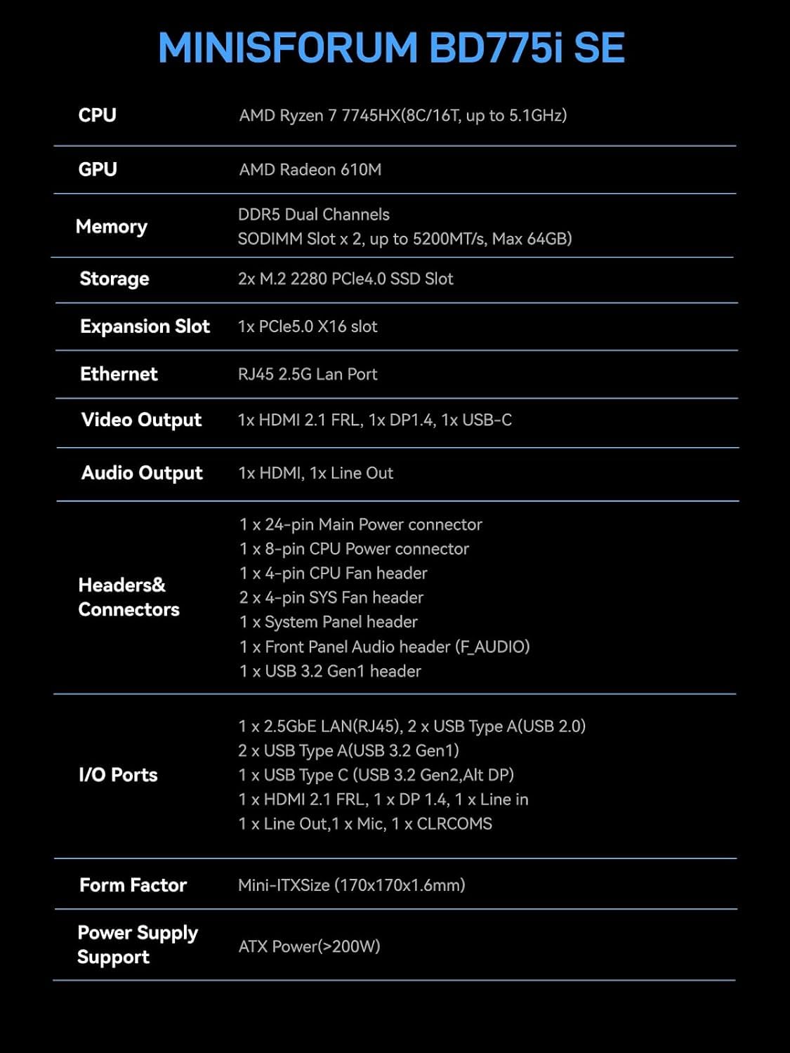 MINIS FORUM BD775i SE Motherboard, AMD Ryzen 7 7745HX 8C/16T bis zu 5,1 GHz, AMD Radeon 610M, Barebone ohne 2×DDR5, 2×M.2 2280 NVME SSD, 8K@60Hz/4K@120Hz HDMI/DP/USB-C, 2,5G RJ45, PCIe 5.0 x16