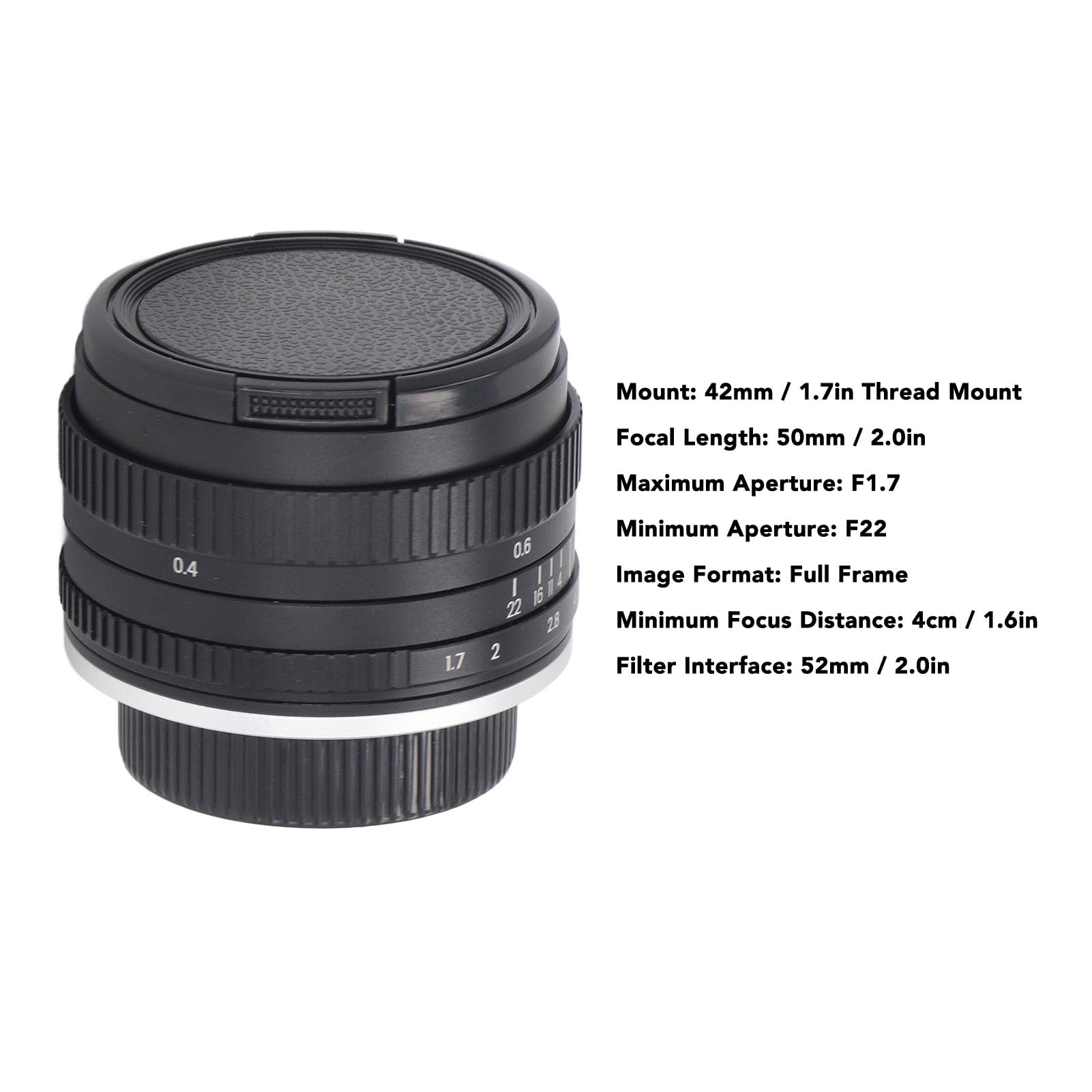 Lente de Enfoque Manual F1.7 de 50 Mm, Gran Apertura de Fotograma Completo para Cámaras con Montura de Rosca Estándar de 42 Mm, con Bolsa de Almacenamiento a Prueba de Polvo,