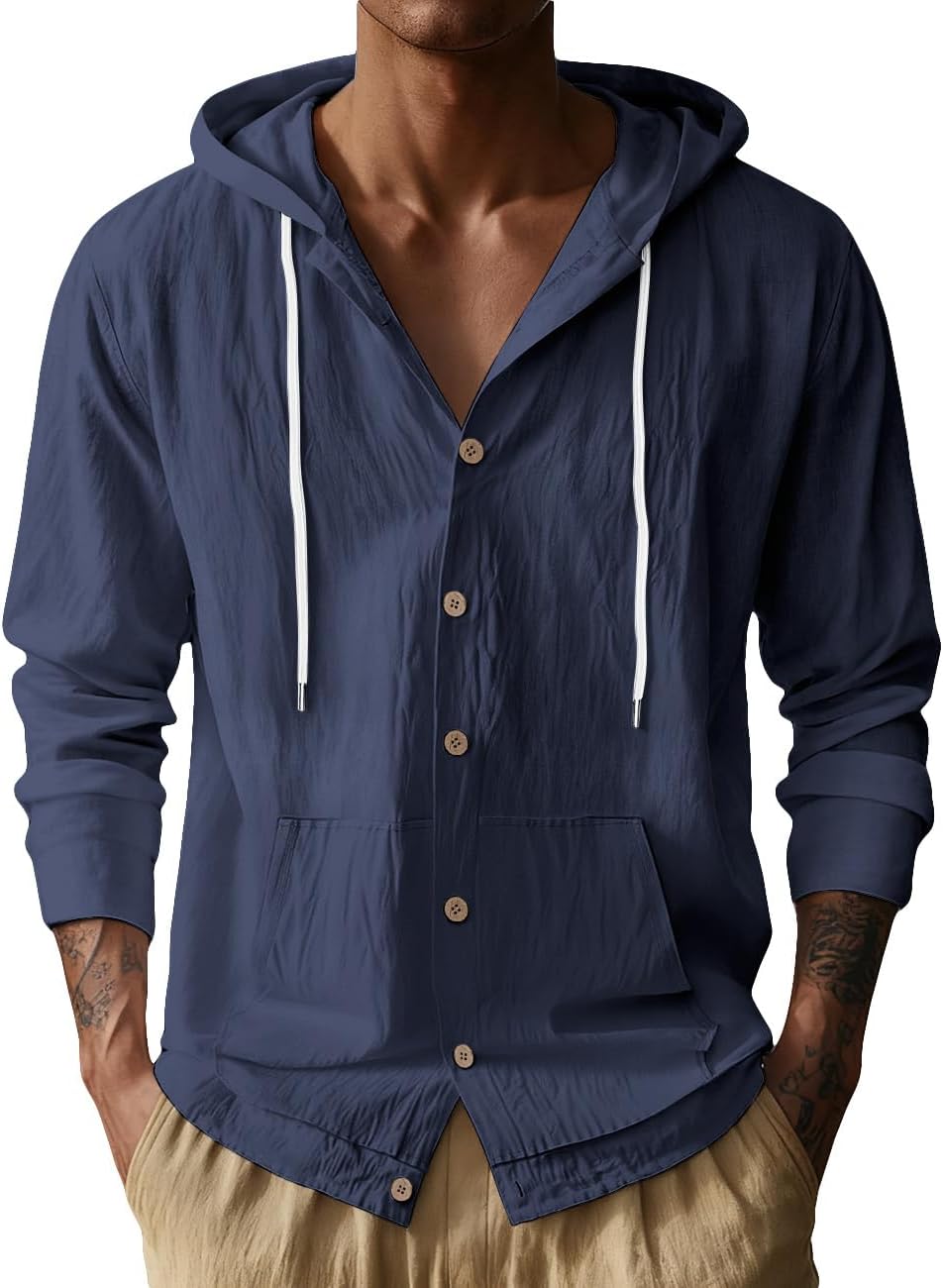 QOSOQ Linen Shirts for Men Casual Long Sleeve Button Down Shirts with Pocket Hoodies Shirt Lightweight Fashion Tops Vacation