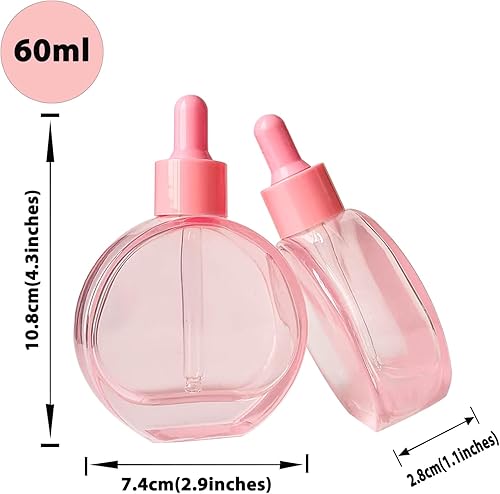 Miniatura 3 de Botellas transparentes con cuentagotas de 2 onzas, 6 botellas redondas de vidrio plano rosa con cuentagotas, para sueros de perfume, aceites para el