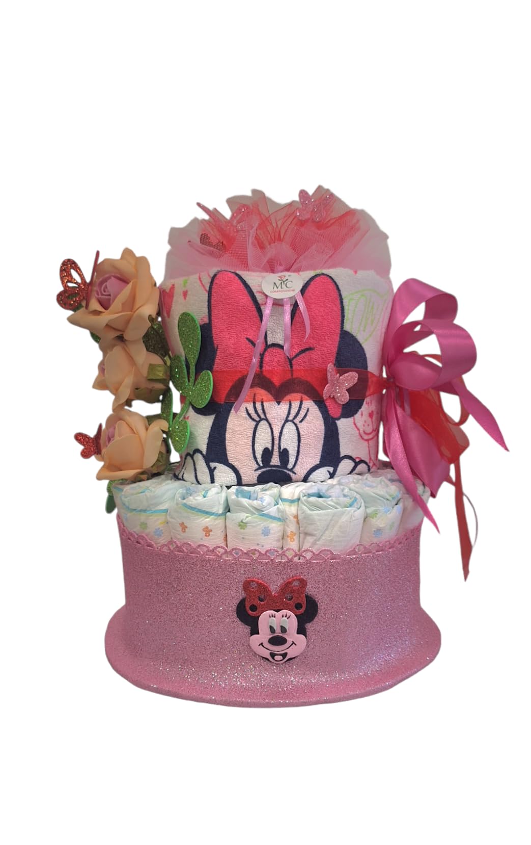 MC® Torta di Pannollini Rosa Composta da 30 Pannollini su due piani e 2 Bavette regalo per nascita battesimo compleanno mc composizioni