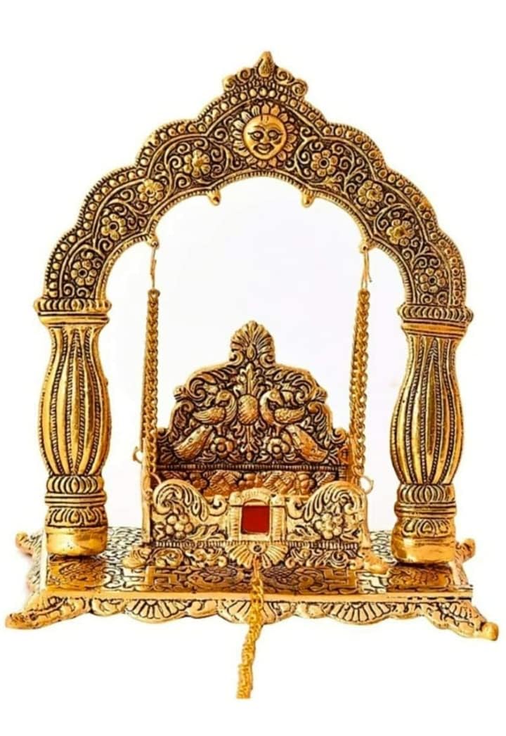Laddu Gopal Jhula Swing, Gold Metal, 24x21x13 cm | Intricate Floral Carving, For Size 0 to 2, Arched Frame Design, Red Velvet Seat, Puja Decor-picture-31