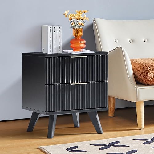 Miniatura 4 de Mesita de noche negra, mesita de noche moderna de mediados de siglo con 2 cajones, mesita de noche para dormitorio, mesita de noche pequeña para