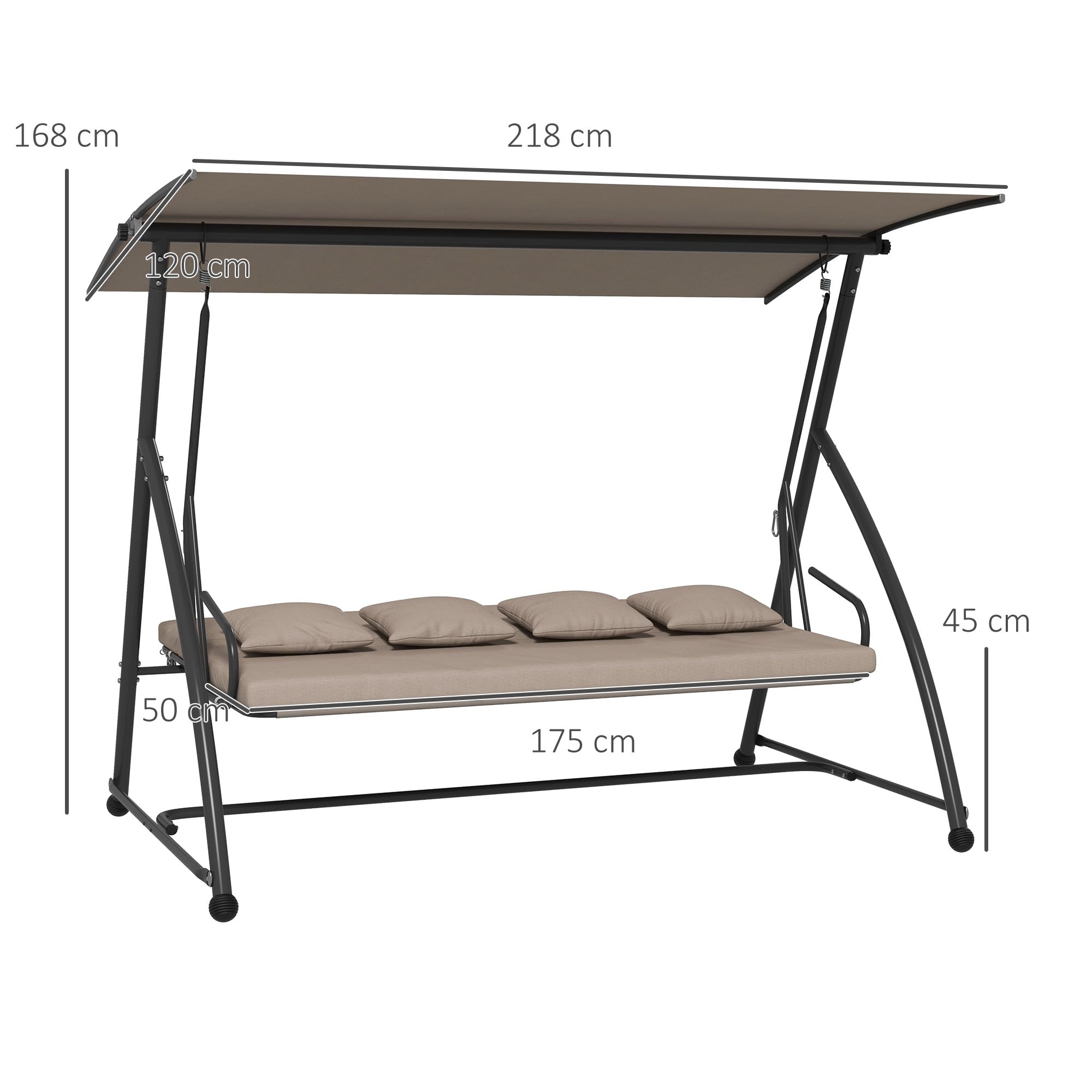 Outsunny Columpio de jardín de 3 plazas, Columpio de jardín Convertible para Exteriores, Techo abatible Ajustable, cojín de Asiento y Respaldo, 4 Almohadas, Gran Confort, 218 x 120 x 168 cm, marrón