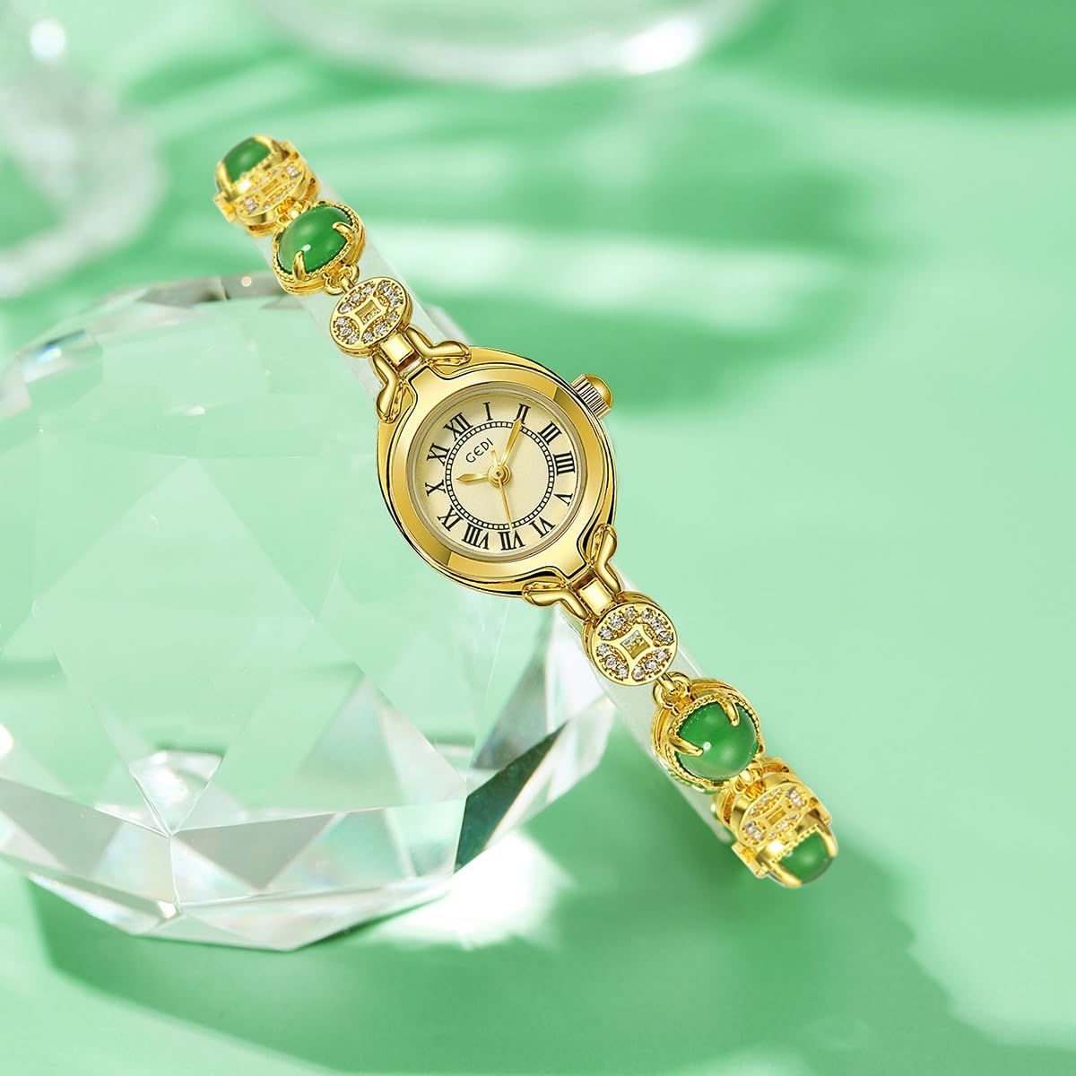 MASTOP Green Gemstone Watch Luxury Vintage for Women Round Fashion Roman Numerals Ladies Small Dial Dress Quartz Wrist Watch Waterproof Watch Bangle with Stainless Steel Band - Image 2
