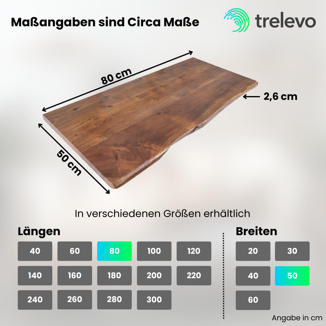 Holzplatte 80x50 cm Akazienholz massiv nussbaumfarben Baumkante | 26mm, Zuschnitt nach Maß, Baumkantenplatte für Bastler, Heimwerker