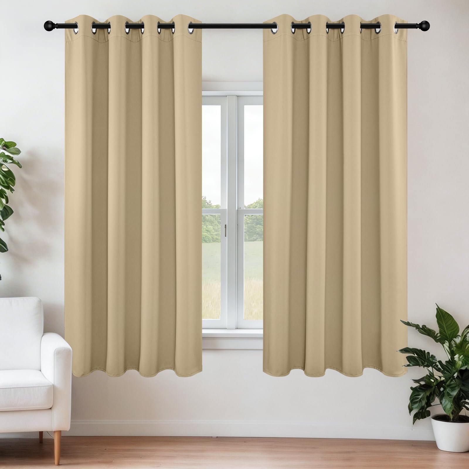 Joydeco Blackout Curtains 63 Inch Length 2 Panels Set, Thermal Insulated Long Curtains& Drapes 2 Burg, Room Darkening Grommet Curtains for Living Room Bedroom Window (W52 x L63 Inch, Beige)