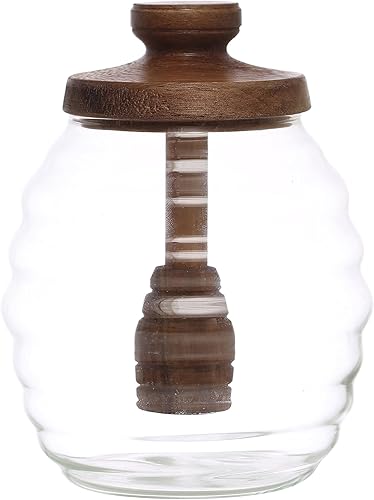 Bloomingville Tarro redondo de miel de vidrio de 4 pulgadas de 14 onzas con tapa de madera de acacia y recipiente de miel adjunto para cocina,