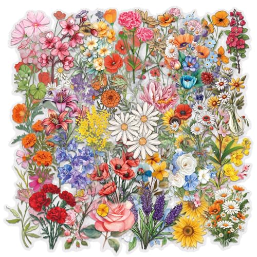 50 PCS Flower Stickers Pack Transparent Flower Stickers Waterproof Floral PET Decals for Water Bottles Laptop Scrapbooking Journaling Guitar Suitcase Phone Gifts for Kids Teens