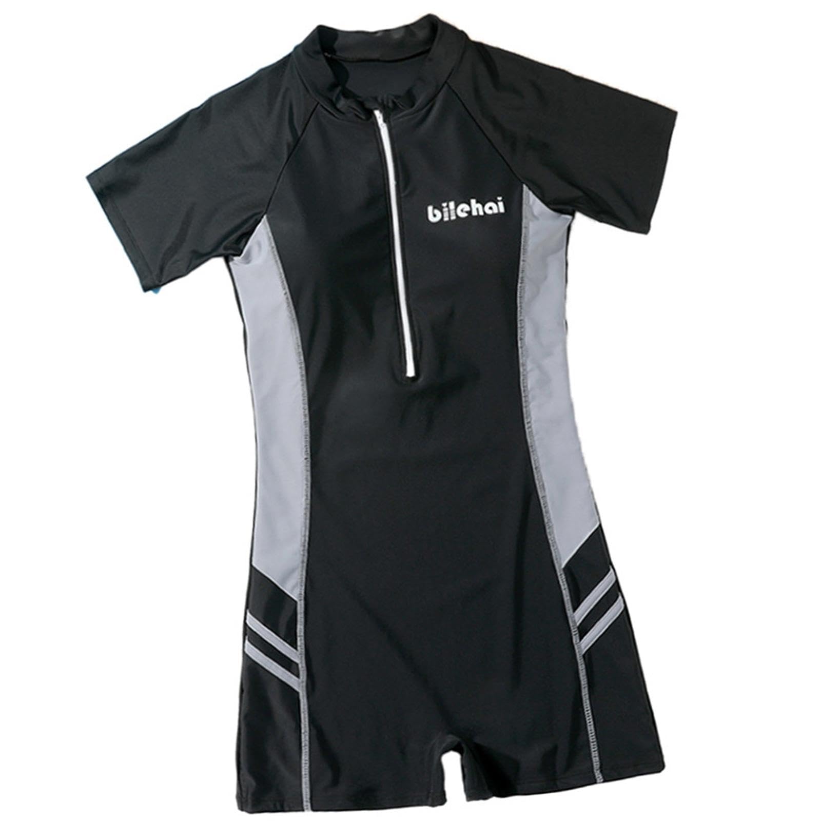 Women Swimsuit Zip Front Snorkeling Suit Short Sleeve Swimming Suit Bodysuit M Black Gray-image-37