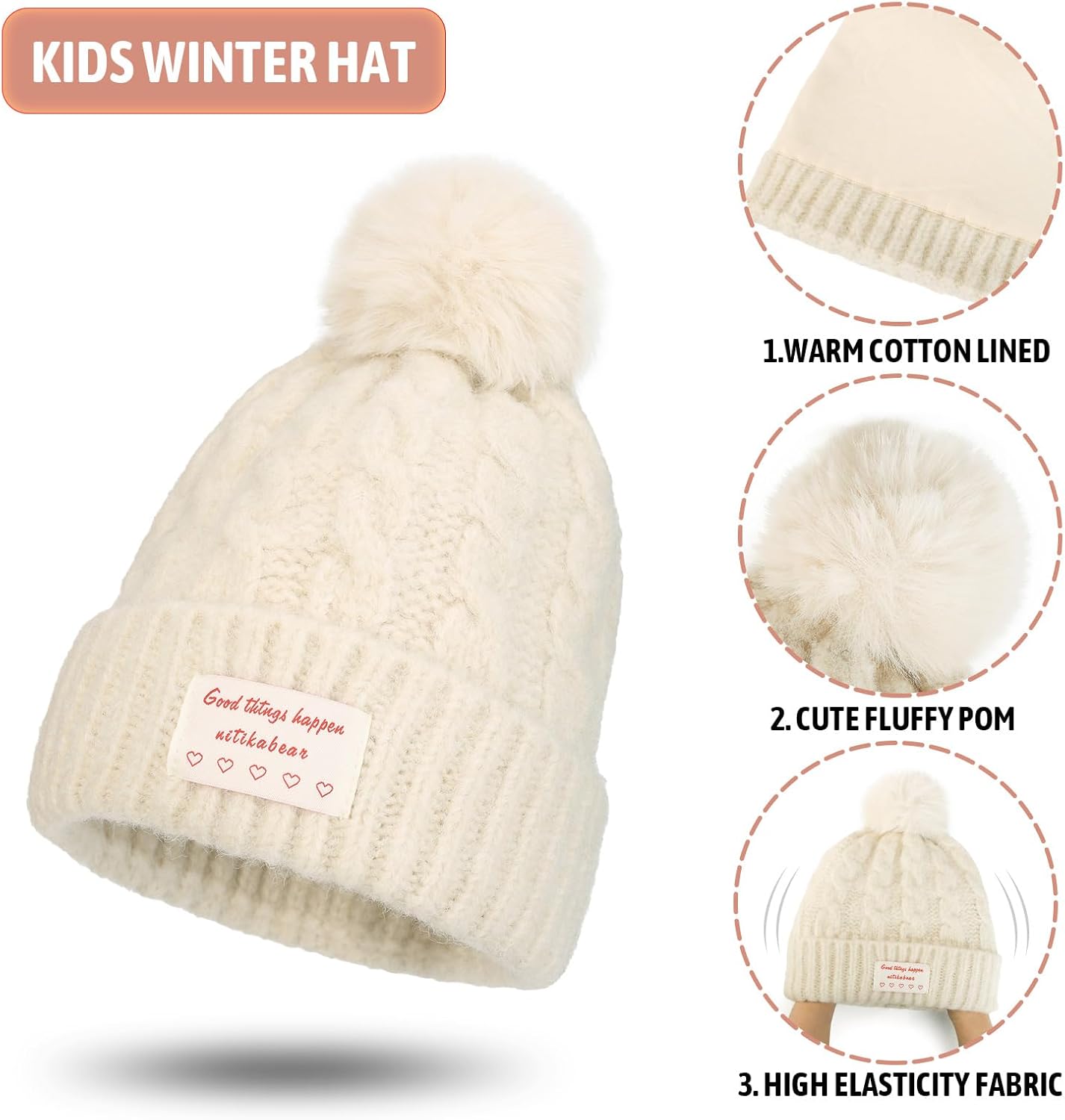 Kids Winter Hat Scarf Set for Girls Boys, Toddler Knit Beanie Hat and Neck Warmer Sets with Warm Cotton Lined Pom - Image 3