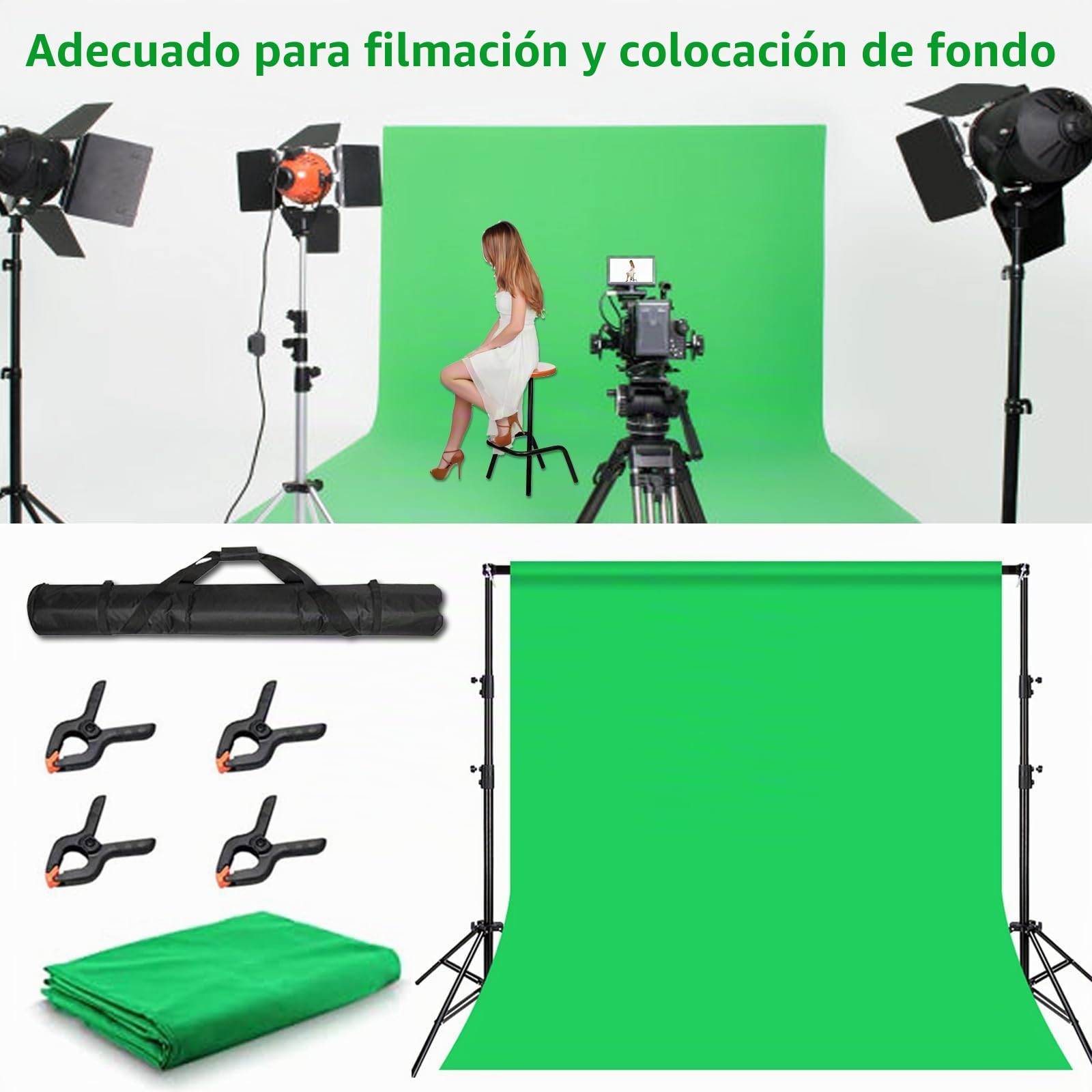 Green Screen con Soporte, Pantalla Verde (3 x 3 m) con Soporte de Fondo Ajustable (2,6 x 3 m) y 4 Abrazaderas de Fondo para Toma de Fotos Transmisión de Video de Juegos