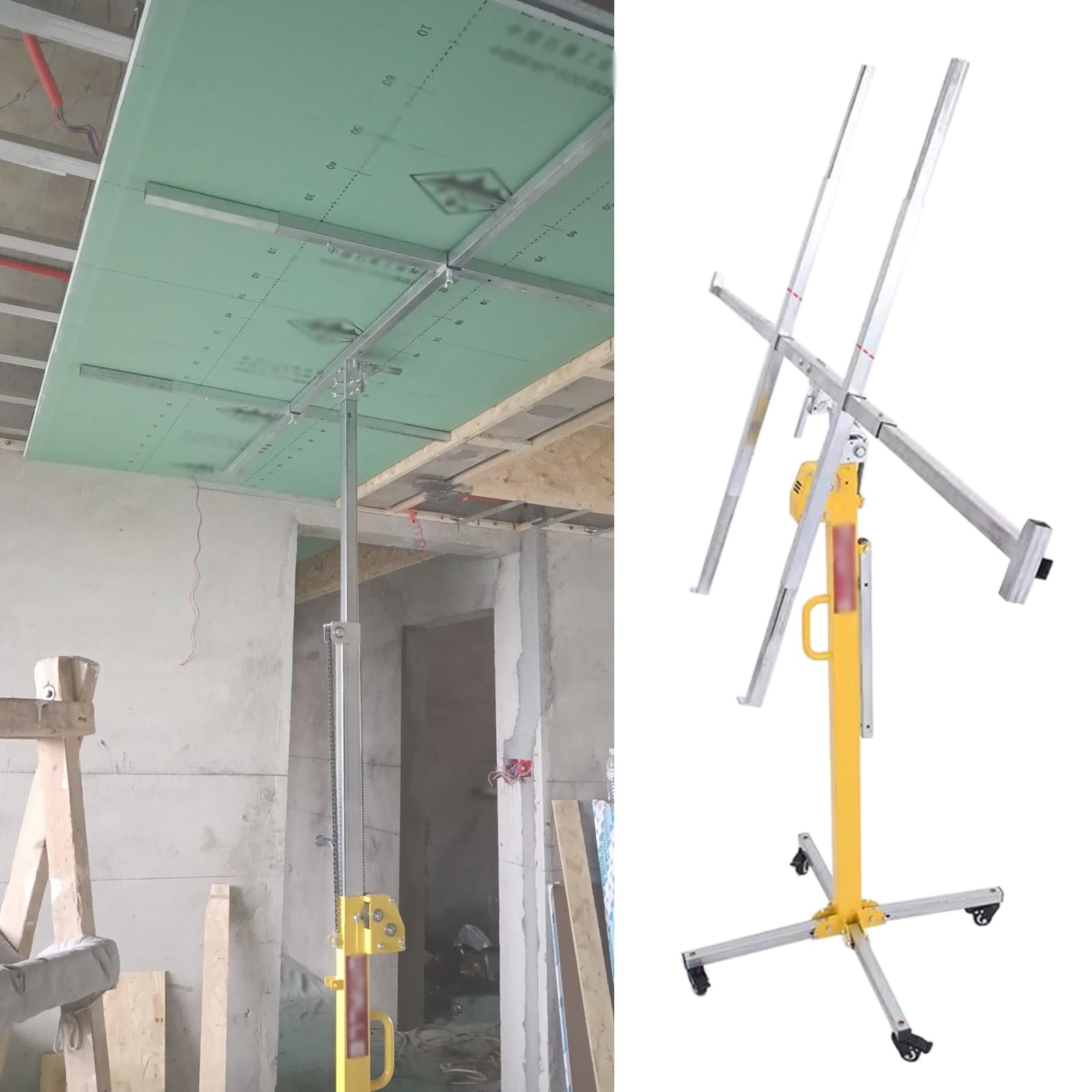 Drywall Lifter Panel Hoist Dry Wall Rolling Caster, Movable Drywall Jack Lift for Ceiling 70kg Lifting Capacity, Heavy Duty Panel Rolling Drywall Lift, Mounting Aid(H 4.5 m/14.7 ft+Lockable wheels)