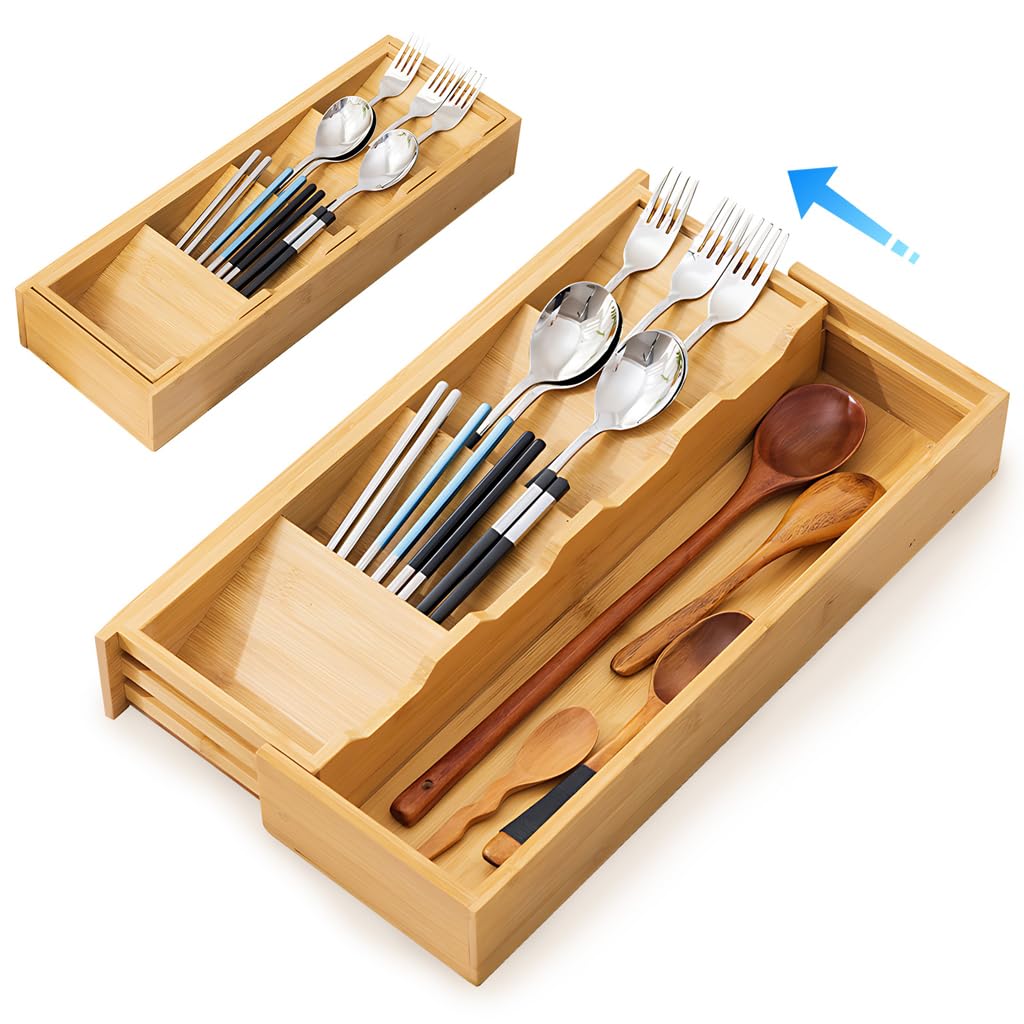 Erweiterbarer Schubladen-Organizer aus Bambus für Küchenutensilien, Besteckkasten, Aufbewahrungslösung aus Holz, 40 cm, Küchenschubladen-Trennwand, umweltfreundliches Küchenzubehör