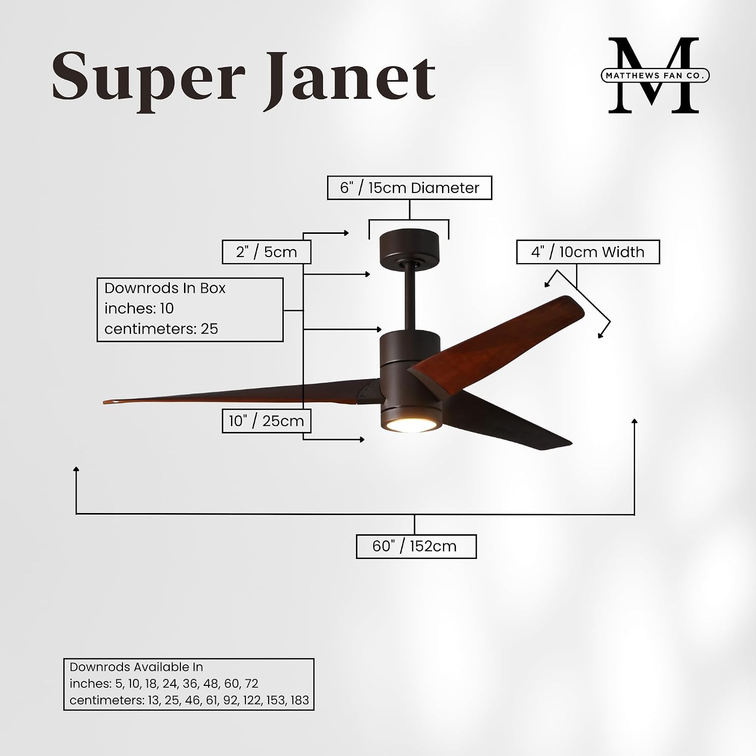 Matthews SJ-TB-WN-60 Super Janet Damp Rated 60" Ceiling Fan with LED and Remote & Wall Control, Silent DC Motor, 3 Solid Wood Blades, Textured Bronze with Walnut Tone