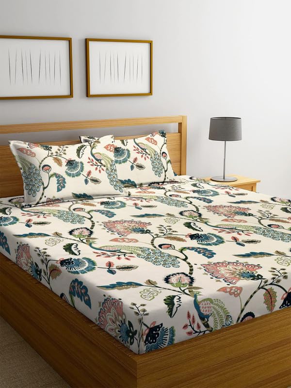 NEW LEAF Premium Cotton Flat Double Bedsheets with 2 Regular Size Pillow Covers | Double Bed Breathable | Wrinklefree | Ultrasoft 210 tc Supersoft Floral | 90×90 Inches, White Sky Blue