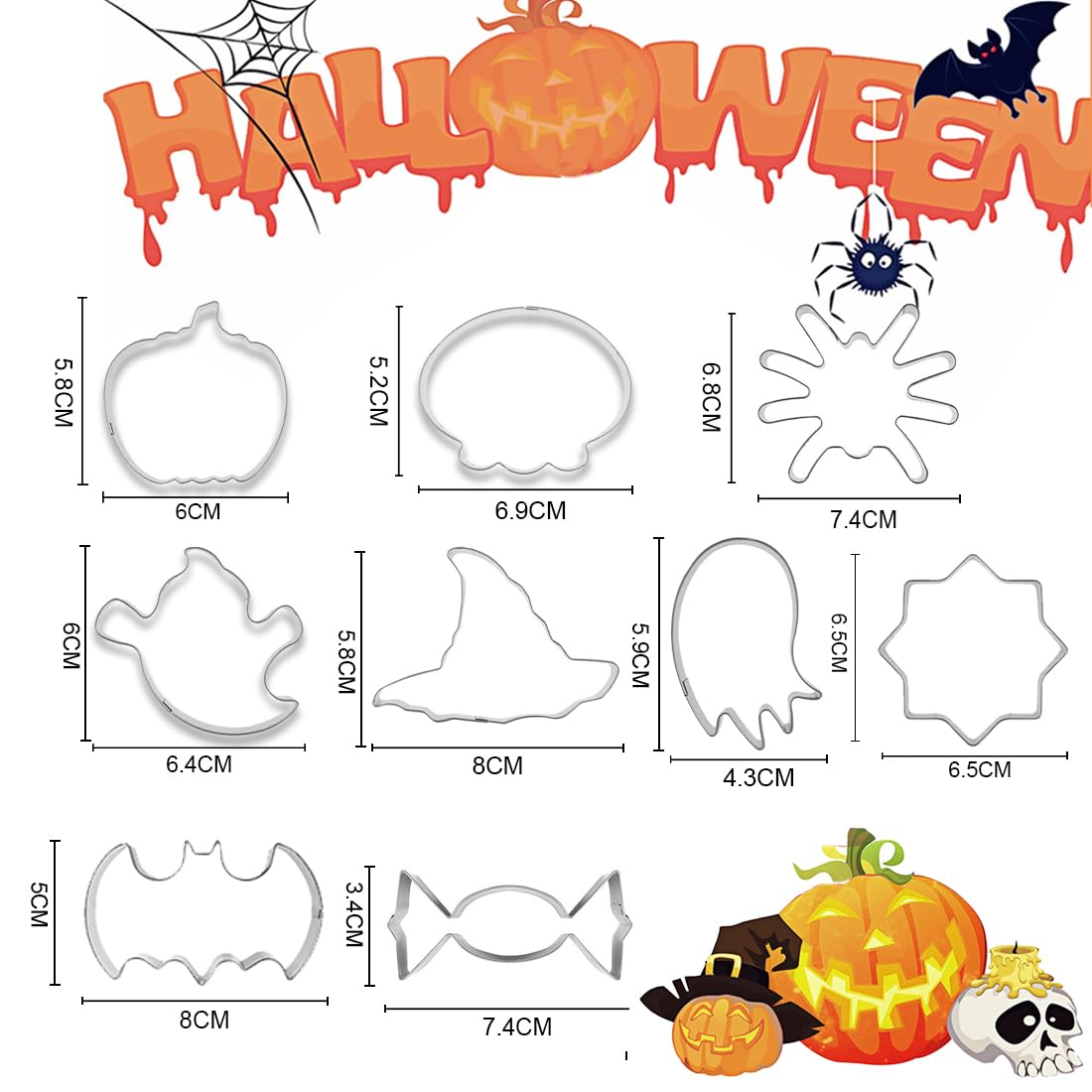 Set 9 Formine Per Biscotti Di Halloween In Acciaio Inox – Forme Di Fantasma, Zucca, Pipistrello, Gatto, Strega, Ragno, Teschio, Pan Di Zenzero E Caramella