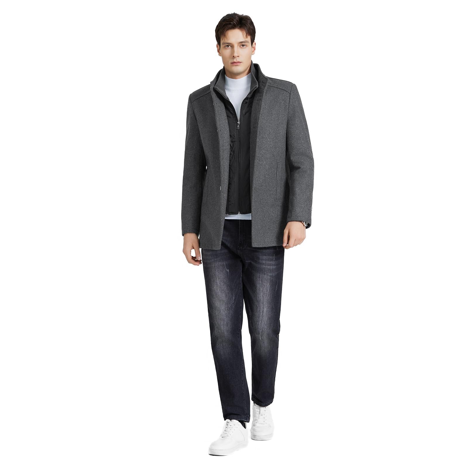 KUDORO Manteau Homme Mi-Long en Laine Chaud pour Hiver Col Montant Trench Coat Classique Parka Pardessus Caban Slim Fit Coup-Vent