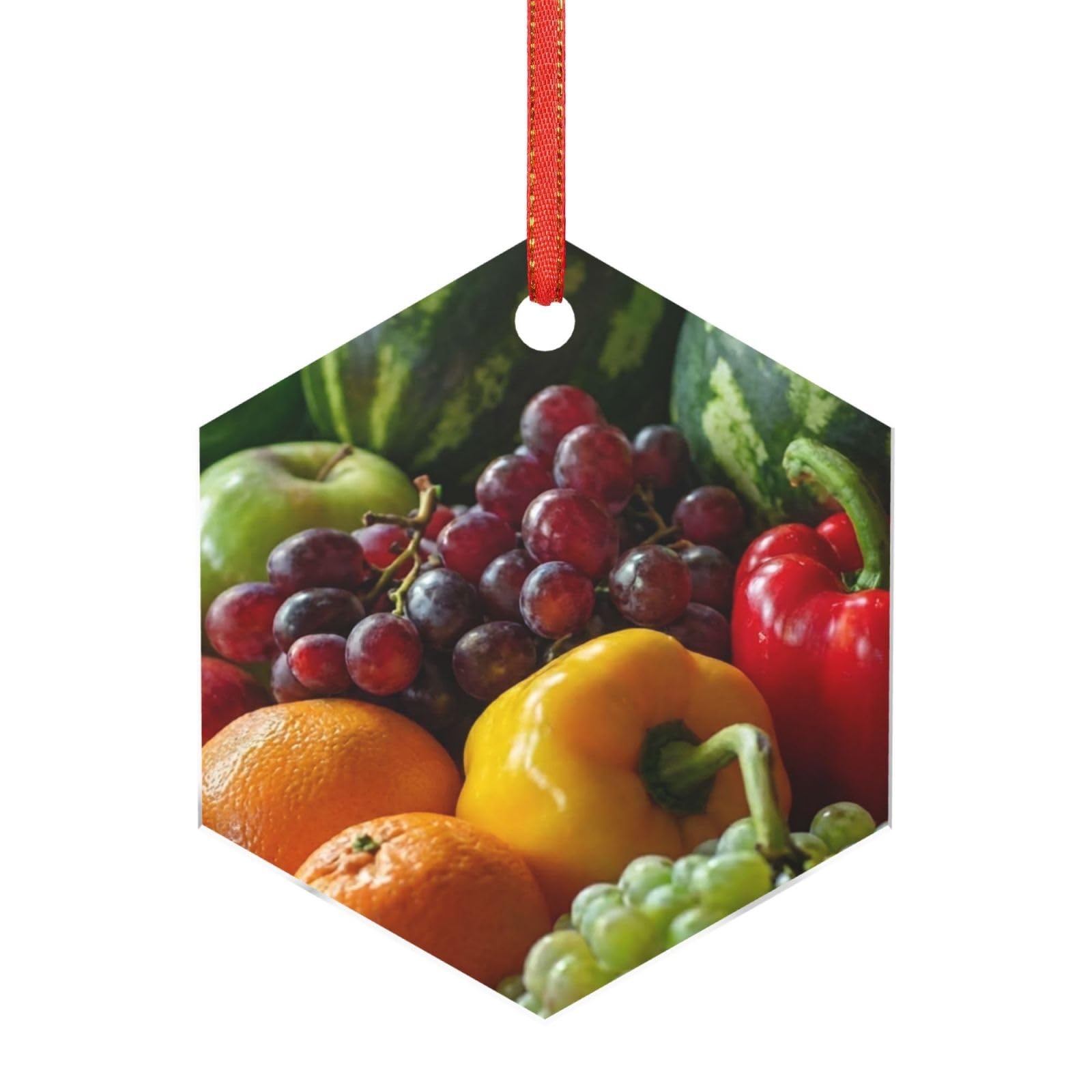 Acrylic Ornament Christmas Tree Decoration Clear Round Pendant with Red Ribbon Fruits and Vegetables Christmas Ornaments Indoor Outdoor Hanging Acrylic Pendants for Xmas Party Decor