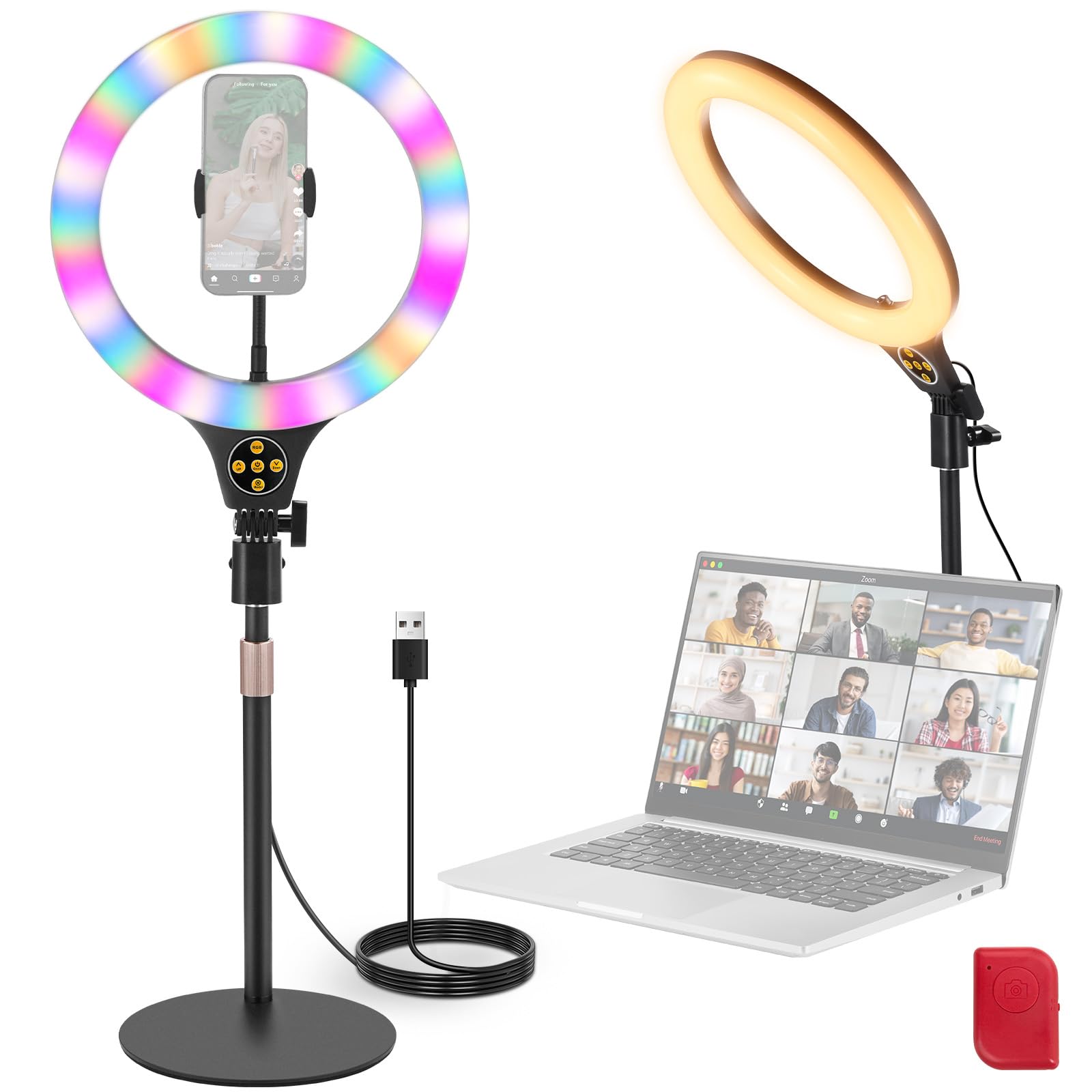 NEEWER Entry Level lampa pierścieniowa RGB z podstawką stołową, uchwytem na telefon komórkowy, kompatybilna z pilotem zdalnego sterowania iPhone, 10 W CRI85+ LED światło wideo do TikTok YouTube