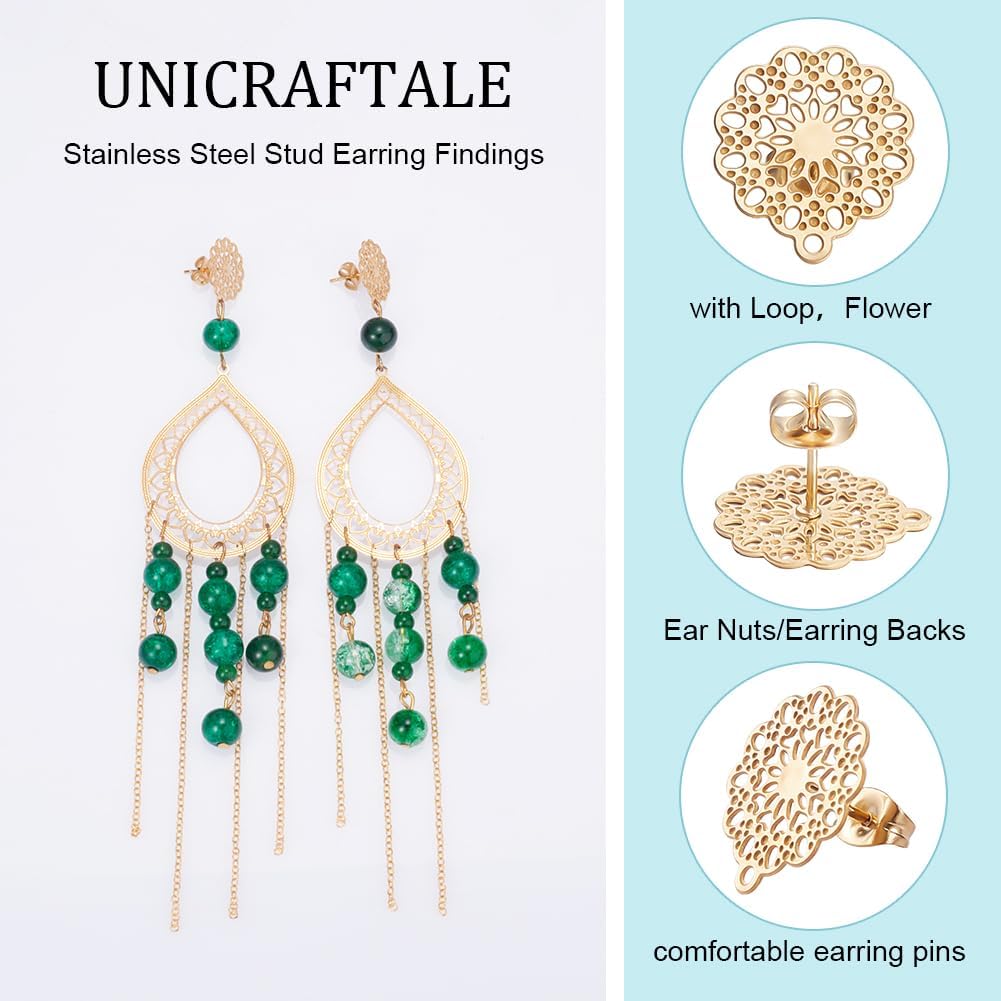 UNICRAFTALE 20pcs Golden Flower Stud Earring Findings 304 Stainless Steel Filigree Ear Stud Component with Loop Butterfly Stoppers Ear Nuts 0.7mm Pin Earring for Jewelry Making 16x14mm, Hole 1mm - Image 5