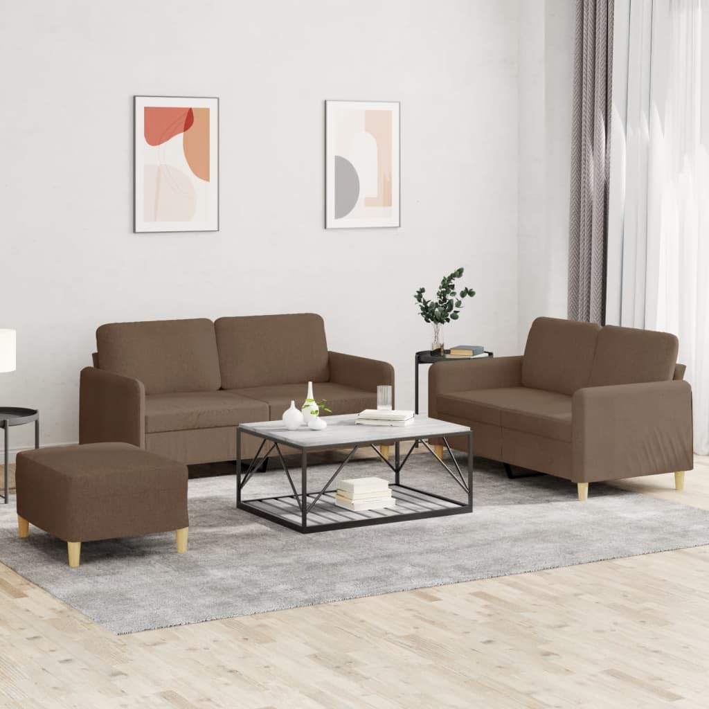 3-częściowy zestaw sof, brązowy materiał, 2 x dwuosobowa sofa 138 x 77 x 80 cm, 158 x 77 x 80 cm, podnóżek 70 x 55 x 41 cm i 4 poduszkami do salonu, lounge, pokoju gościnnego, z wygodną