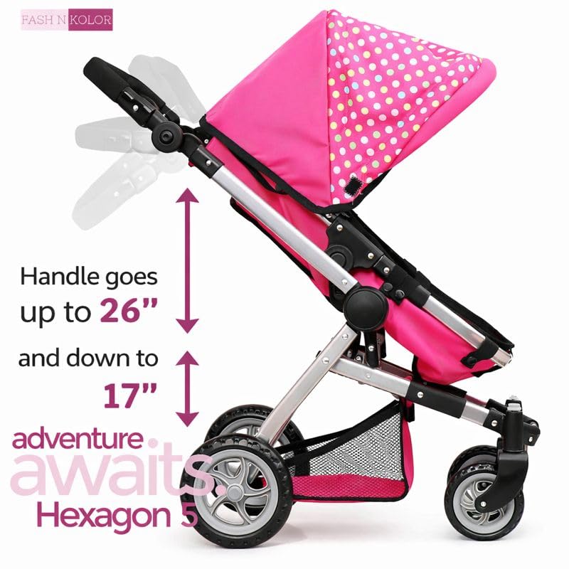 fash n Kolor Doll's Pram with Swivel Wheels and Adjustable Handle with Changing Bag and 2 Free Magic Bottles Included, Polkadot
