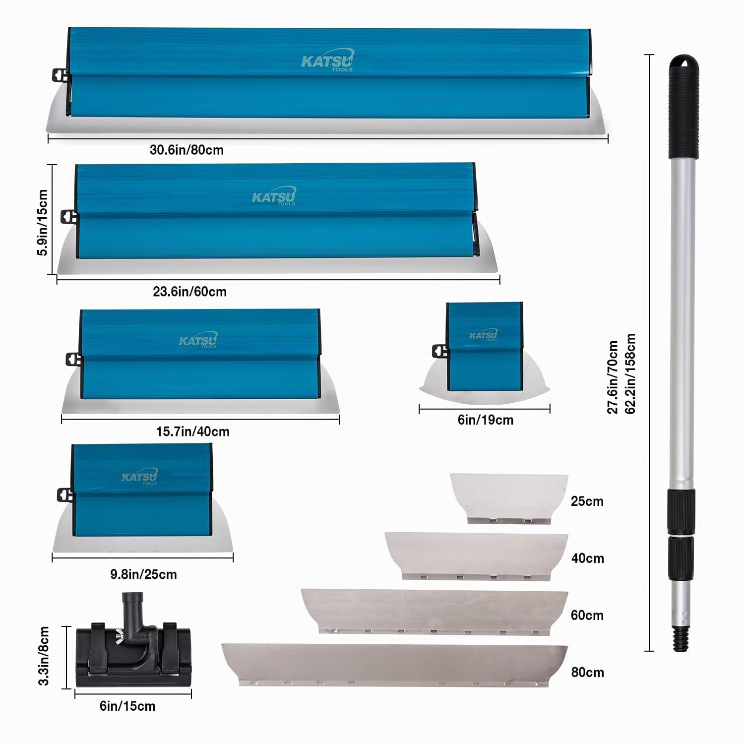 KATSU Tools Spatole per Stucco Kit, Frattazzo per Stucco in Acciaio Inox da 25+40+60+80 cm, Spatola di Finitura per Intonacare Pareti e Soffitti