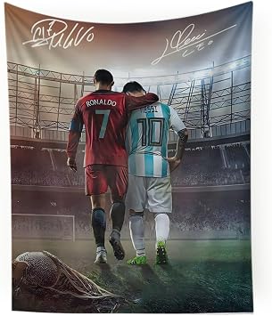 Lionel Messi & Cristiano Ronaldo World Cup Soccer Superstar Wall Tapestry HD Fade-Resistant Polyester with 4 Corner Grommets - Hanging Poster for Boys Bedroom & Fan Decor, 35.4 x 47.2 Inches Red-Blue