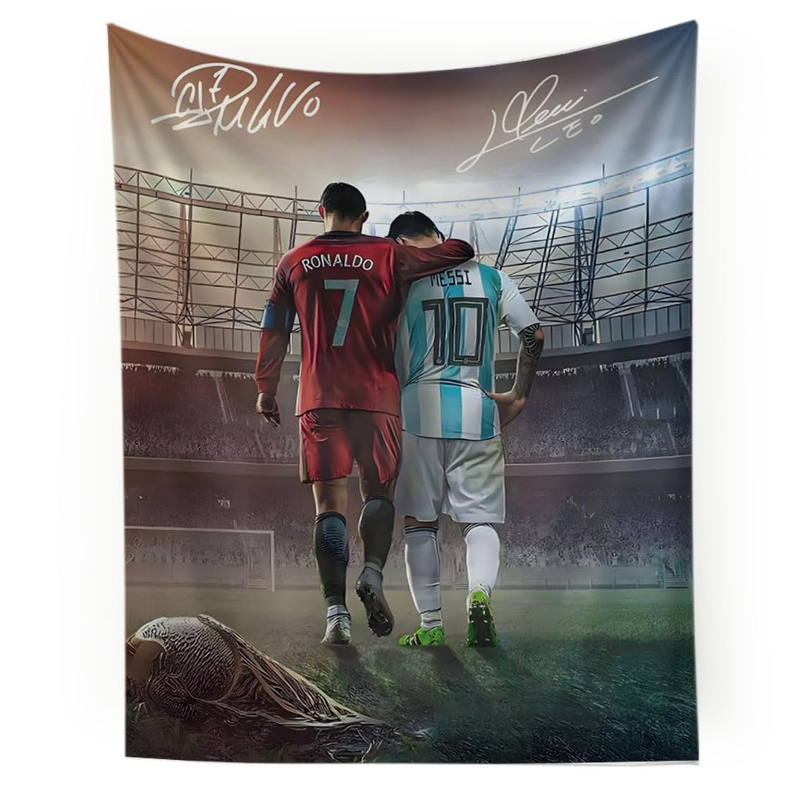 Lionel Messi & Cristiano Ronaldo World Cup Soccer Superstar Wall Tapestry: HD Fade-Resistant Polyester with 4 Corner Grommets - Hanging Poster for Boys’ Bedroom & Fan Decor, 35.4 x 47.2 Inches (Red-Blue)