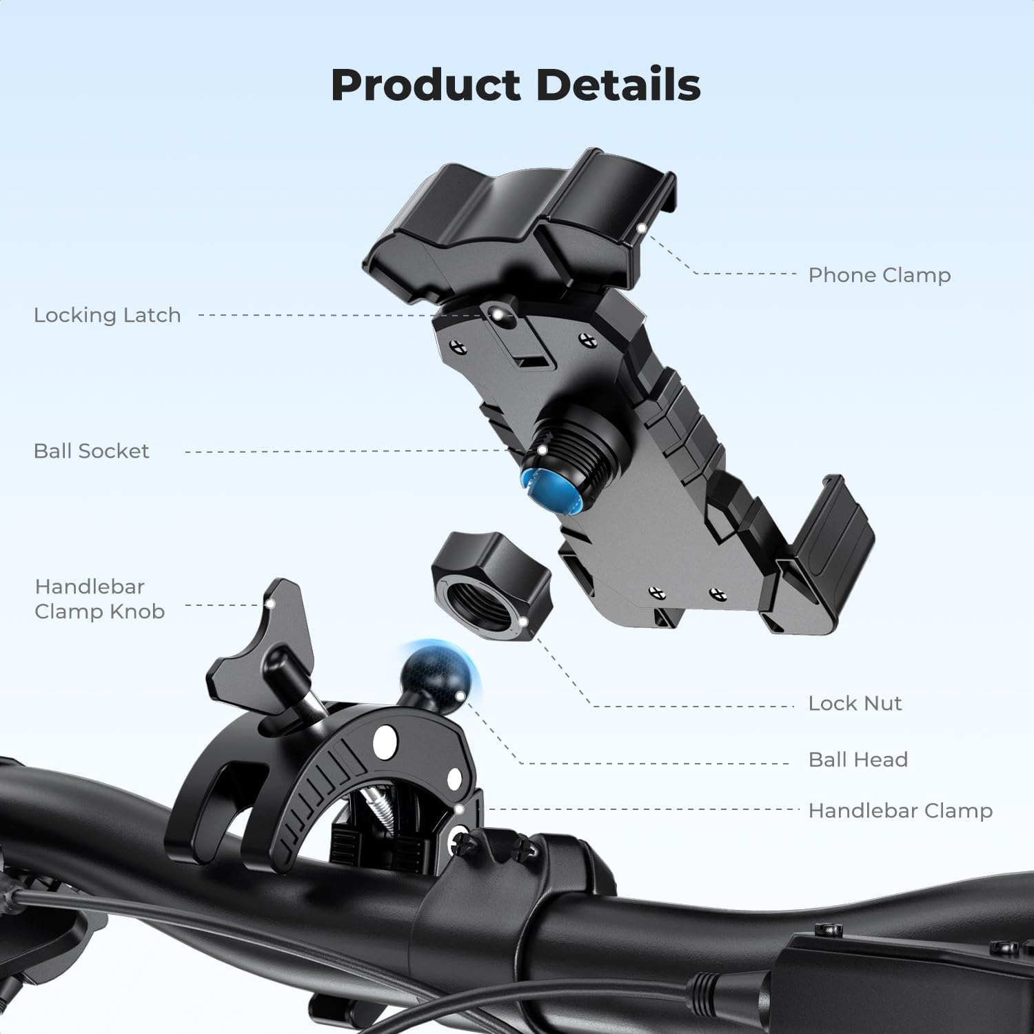 K&F CONCEPT Motorcycle Phone Mount, Bike Phone Holder, 360° Adjustable & Quick Install Handlebar Clamp for 4.7" to 6.9" Phones