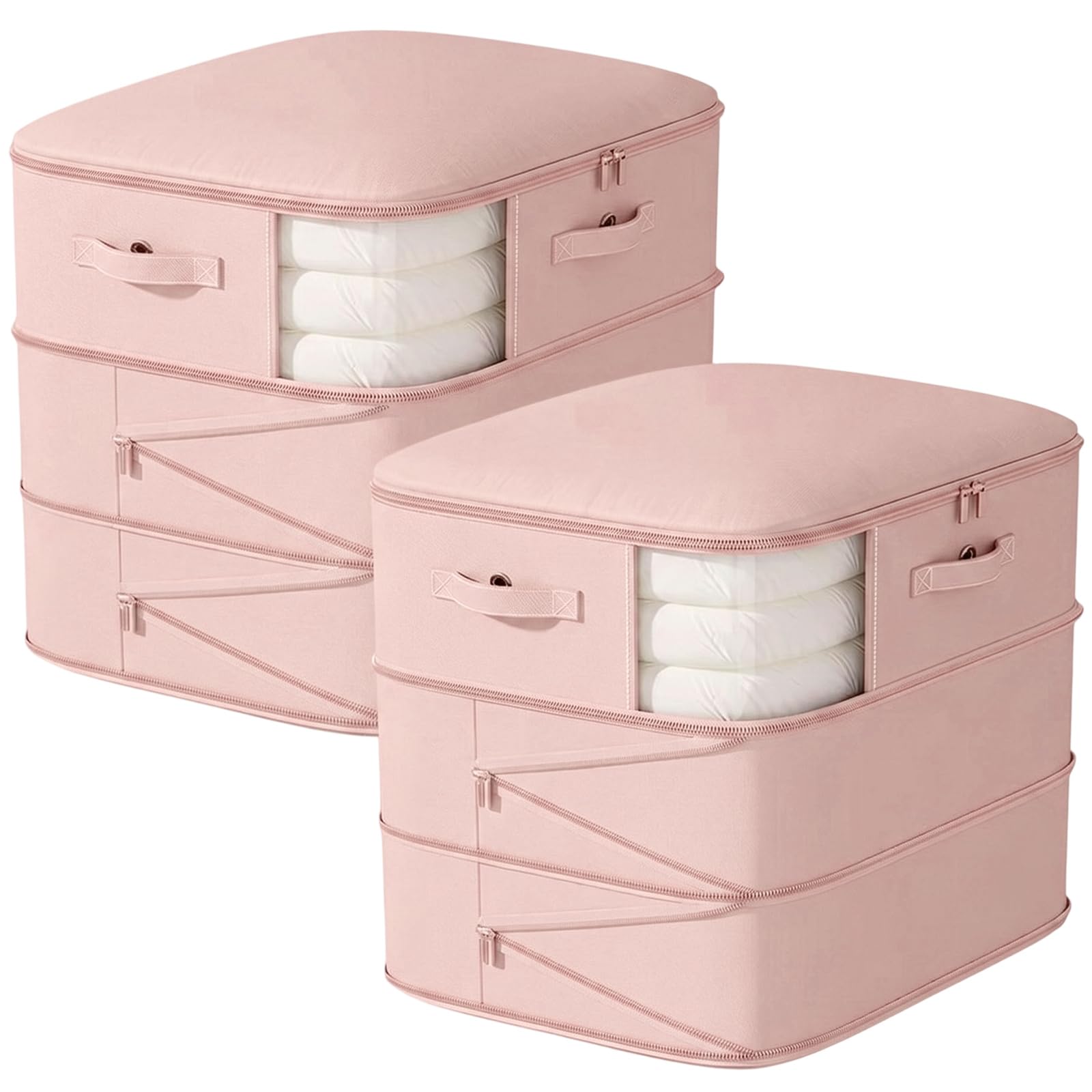 2Pack Compression Comforter Space Saving Bag - 136L Each 3 Layer Moistureproof Storage Bags with Dual Zips Washable Polyester Mouldproof Organiser Bags with Clear Window for Bedding Duvet (Pink)