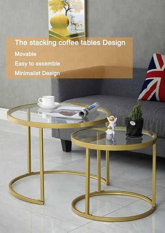 Round Side Table Gold Set of 2 for Living Room, Modern Side Tables with Sturdy Metal Frame and Tempered Glass Minimalist Side Table Cocktail Table for Dining Room Home Decor