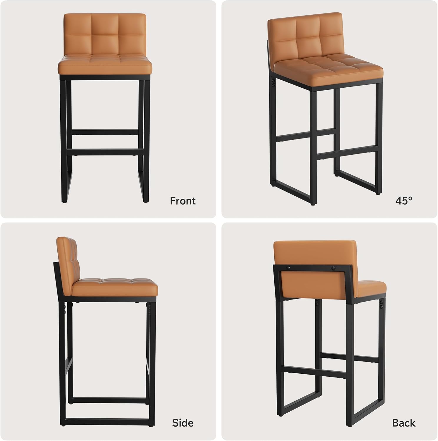 24" Bar Stools Set of 4, Modern Faux Leather Counter Height Bar Stools with Low Back and Footrest, Sturdy Thickened Metal Leg, Upholstered Kitchen Bar Chairs for Island, Orange