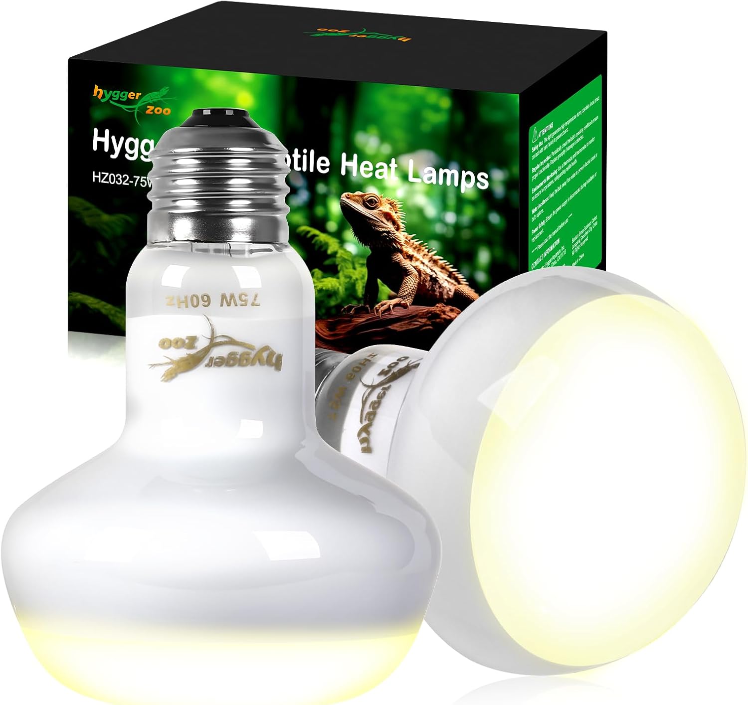Hygger zoo Reptile Heat Lamp Bulbs 75W (2-Pack) – Efficient Heating & Simulated Sunlight Basking Light for Amphibians, Bearded Dragon, Lizard, Turtle, Chicken – E26 Base