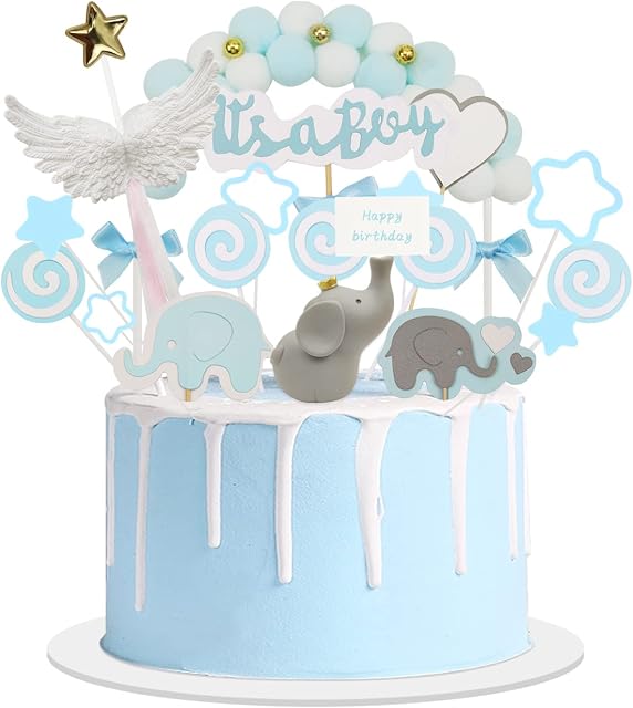 OMIGA Baby Shower Cake Topper 21 Pcs Elephant Cake Decorations Baby Boy Birthday Cupcake Cake Sticks Cloud Star Planet Wings Christening Cake Toppers for Boys (Blue)